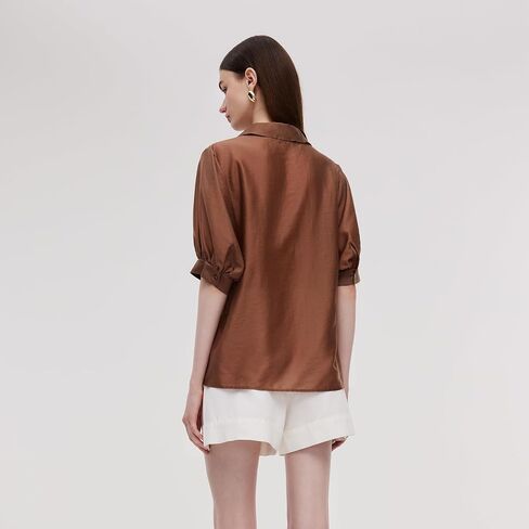 Women's Summer Loose Fit Blouse with Silk Scarf, Tencel V-Neck Short Sleeve Lightweight Thin Shirts for Business Work Casual in Kuwait