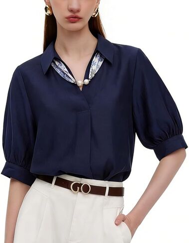 Women's Summer Loose Fit Blouse with Silk Scarf, Tencel V-Neck Short Sleeve Lightweight Thin Shirts for Business Work Casual in Kuwait