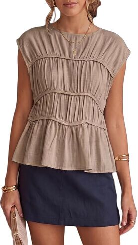Summer Peplum Short Sleeve Smocked Boat Neck Babydoll Tops for Women Casual Pleated Tiered Work Blouse Trendy Shirts in Saudi Arabia
