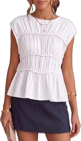Summer Peplum Short Sleeve Smocked Boat Neck Babydoll Tops for Women Casual Pleated Tiered Work Blouse Trendy Shirts in Kuwait