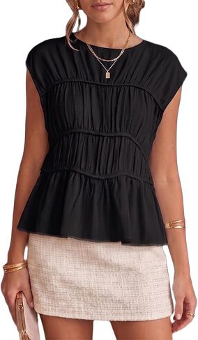 Summer Peplum Short Sleeve Smocked Boat Neck Babydoll Tops for Women Casual Pleated Tiered Work Blouse Trendy Shirts in Kuwait