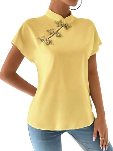 قمصان نسائية صينية من MakeMeChic، قمصان صيفية من Cheongsam، بلوزة ذات أكمام قصيرة وإبزيم برقبة وهمية in Kuwait