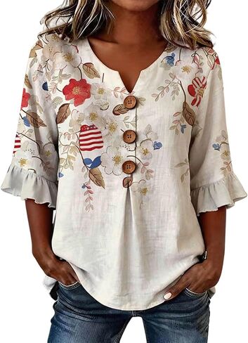 250 Anniversary USA Shirt Women American Flag Linen Button Down Shirt Patriotic 4Th of July 3/4 Sleeve Length Tops in Saudi Arabia