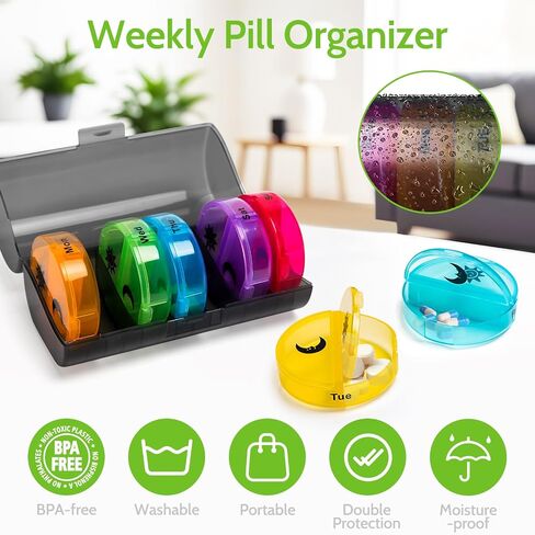 Weekly Pill Organizer 2 Times a Day,Reusable & Travel-Friendly Daily Medication Pill Box for 7 Day,Multicolor & One-Side Large Openings for Medication, Vitamins, Fish Oils, Supplements in Kuwait