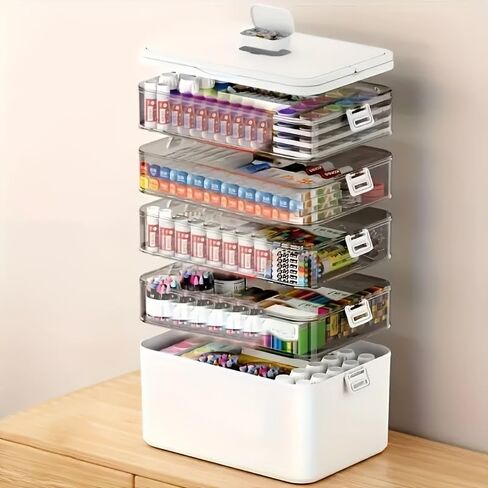 5-Tier Medicine Cabinet Large Pill Organizer with Plastic Handle Bathroom Storage Solution for Home Office, Pill Bottle, Art, Craft Tool Box Organizer (White) in Saudi Arabia