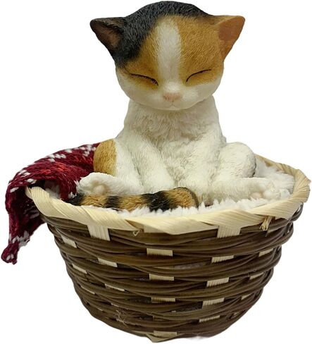 Nature's Mark Adorable Sleeping Calico Cat Figurine in Woven Basket – 5.51" H Miniature Pet Statue with Red Knit Blanket – Cozy Home Decor for Cat Lovers and Office Desks in Kuwait