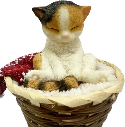 Nature's Mark Adorable Sleeping Calico Cat Figurine in Woven Basket – 5.51" H Miniature Pet Statue with Red Knit Blanket – Cozy Home Decor for Cat Lovers and Office Desks in Kuwait