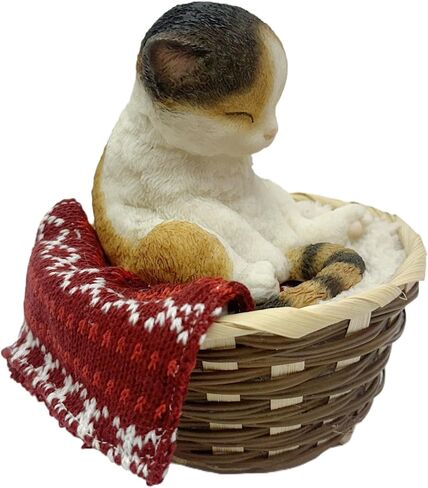 Nature's Mark Adorable Sleeping Calico Cat Figurine in Woven Basket – 5.51" H Miniature Pet Statue with Red Knit Blanket – Cozy Home Decor for Cat Lovers and Office Desks in Kuwait