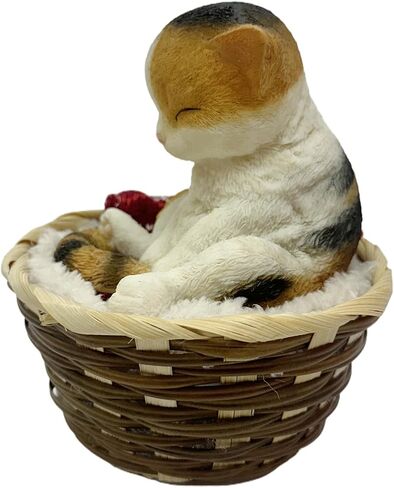 Nature's Mark Adorable Sleeping Calico Cat Figurine in Woven Basket – 5.51" H Miniature Pet Statue with Red Knit Blanket – Cozy Home Decor for Cat Lovers and Office Desks in Kuwait