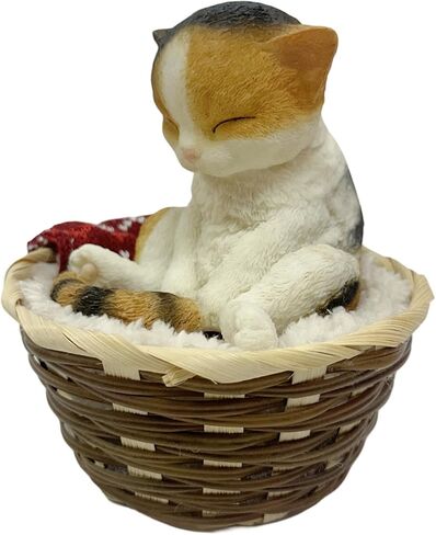 Nature's Mark Adorable Sleeping Calico Cat Figurine in Woven Basket – 5.51" H Miniature Pet Statue with Red Knit Blanket – Cozy Home Decor for Cat Lovers and Office Desks in Kuwait