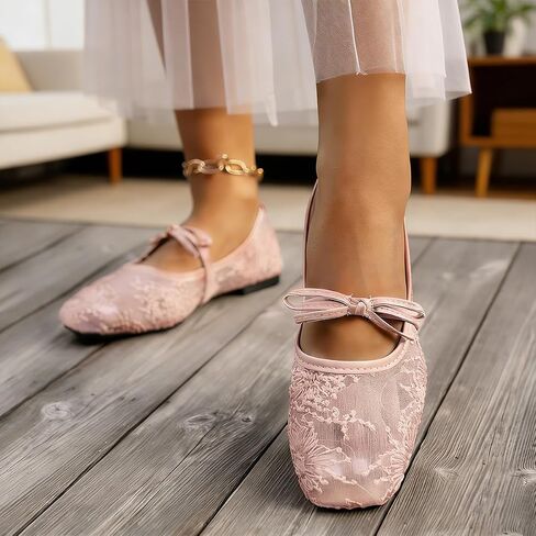 Sweet Pink Square Toe Lace Flats, Bow Decor Mesh Slip-On Shoes, Fashion Casual Flats for Spring & Summer in Kuwait