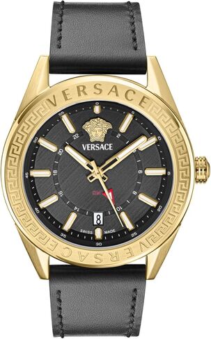 Versace V-Code GMT Collection Luxury Mens Watch Timepieces with a Black Strap and Dial Featuring a Gold Case in Kuwait