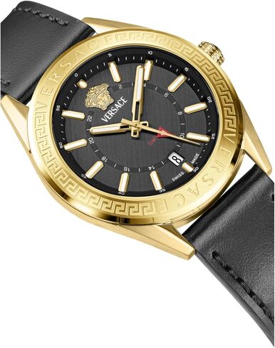 Versace V-Code GMT Collection Luxury Mens Watch Timepieces with a Black Strap and Dial Featuring a Gold Case in Kuwait