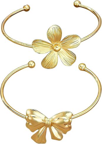 Bow Cuff Bracelet Gold Layered Flower Floral Bangle Bracelet Big Large Bow Bowknot Bracelets Stackable for Women Statement Jewelry in Saudi Arabia