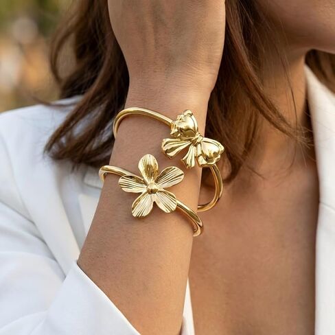 Bow Cuff Bracelet Gold Layered Flower Floral Bangle Bracelet Big Large Bow Bowknot Bracelets Stackable for Women Statement Jewelry in Saudi Arabia