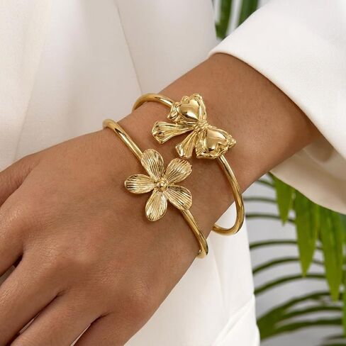 Bow Cuff Bracelet Gold Layered Flower Floral Bangle Bracelet Big Large Bow Bowknot Bracelets Stackable for Women Statement Jewelry in Saudi Arabia