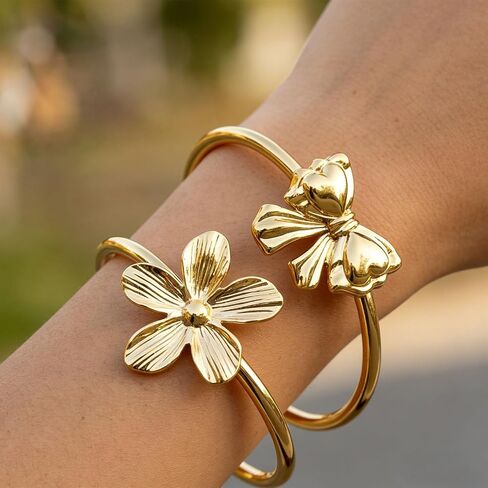 Bow Cuff Bracelet Gold Layered Flower Floral Bangle Bracelet Big Large Bow Bowknot Bracelets Stackable for Women Statement Jewelry in Saudi Arabia
