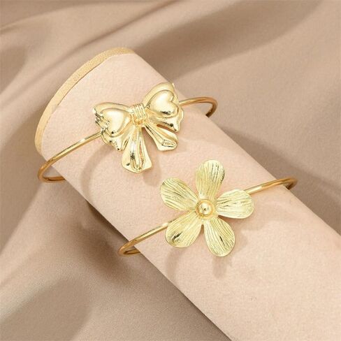 Bow Cuff Bracelet Gold Layered Flower Floral Bangle Bracelet Big Large Bow Bowknot Bracelets Stackable for Women Statement Jewelry in Saudi Arabia