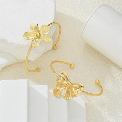 Bow Cuff Bracelet Gold Layered Flower Floral Bangle Bracelet Big Large Bow Bowknot Bracelets Stackable for Women Statement Jewelry in Saudi Arabia