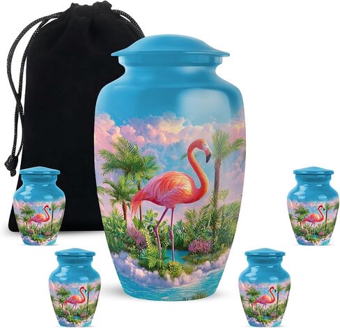 Pink Flamingo Burial Urn Set of 5, Blue Small Urns for Human Ashes Keepsake, Tropical Landscape & Palm Trees Decorative Urns, Large Cremation Urn for Mom & Dad, (1 Large, 10" & 4 Small, 3") in Saudi Arabia