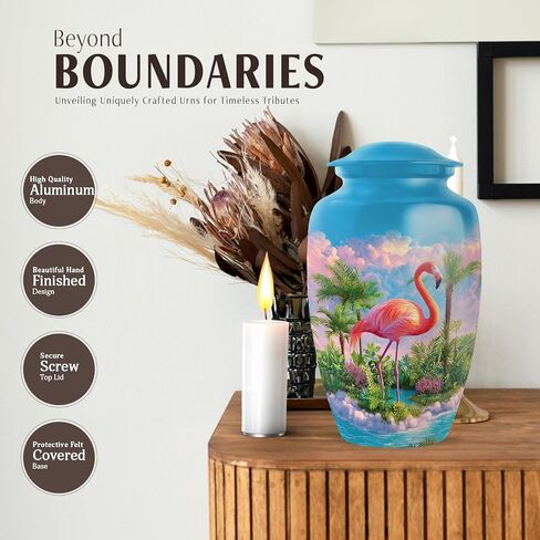 Pink Flamingo Burial Urn Set of 5, Blue Small Urns for Human Ashes Keepsake, Tropical Landscape & Palm Trees Decorative Urns, Large Cremation Urn for Mom & Dad, (1 Large, 10" & 4 Small, 3") in Saudi Arabia