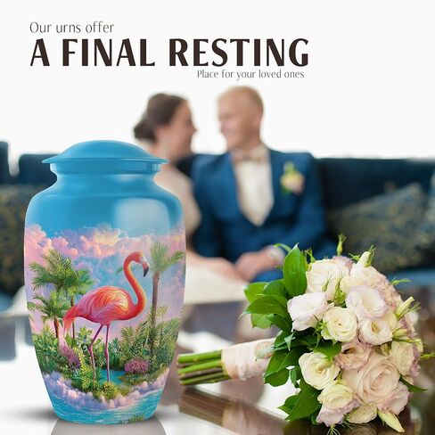 Pink Flamingo Burial Urn Set of 5, Blue Small Urns for Human Ashes Keepsake, Tropical Landscape & Palm Trees Decorative Urns, Large Cremation Urn for Mom & Dad, (1 Large, 10" & 4 Small, 3") in Saudi Arabia