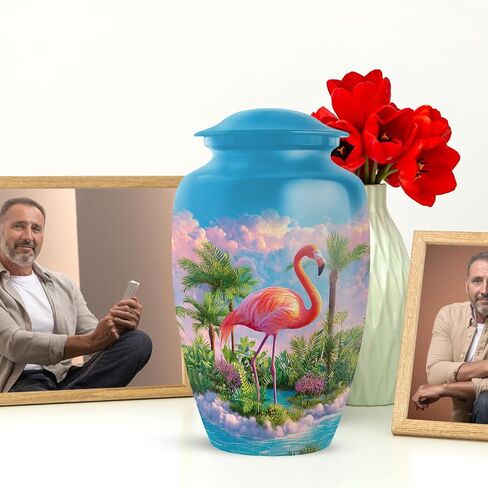Pink Flamingo Burial Urn Set of 5, Blue Small Urns for Human Ashes Keepsake, Tropical Landscape & Palm Trees Decorative Urns, Large Cremation Urn for Mom & Dad, (1 Large, 10" & 4 Small, 3") in Saudi Arabia