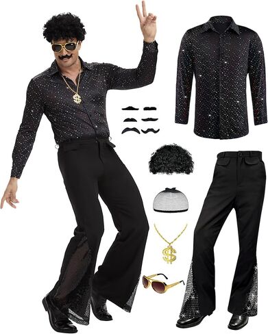 6 Pcs Mens 70s Disco Outfits Retro 80s Costume with Retro Shirt Bell Bottom Pants Wig Sunglasses Necklace Mustache in Saudi Arabia
