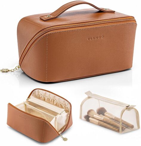 Vlando Makeup Bag,Teacher Appreciation Gifts,Large Capacity Toiletry Bag for Women,PU Leather Waterproof Portable Pouch with Divider & Handle-Toffee in Kuwait