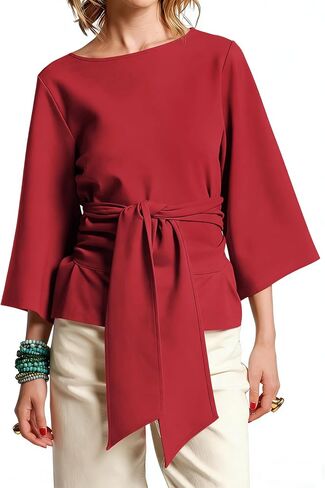 Women's Waist Belted Blouse Crew Neck 3/4 Trumpet Sleeve Casual Tunic Loose Fit Tops in Saudi Arabia