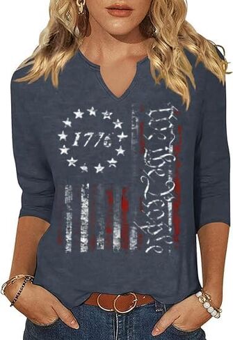 3/4 Sleeve V Neck USA Patriotic Shirts for Women 4th of July America Stars Stripes Flag Graphic Tops Cute Tee in Saudi Arabia