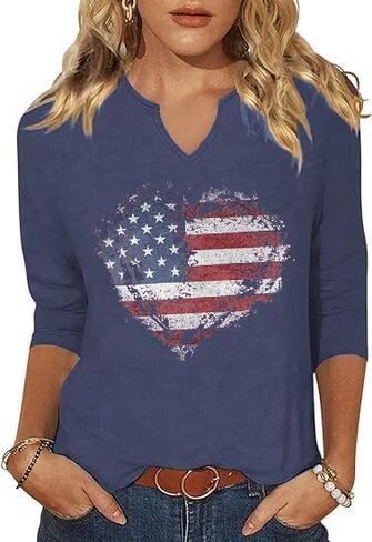 3/4 Sleeve V Neck USA Patriotic Shirts for Women 4th of July America Stars Stripes Flag Graphic Tops Cute Tee in Saudi Arabia