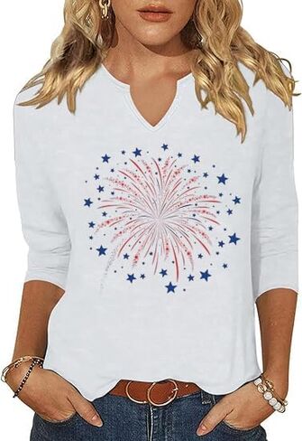 3/4 Sleeve V Neck USA Patriotic Shirts for Women 4th of July America Stars Stripes Flag Graphic Tops Cute Tee in Saudi Arabia