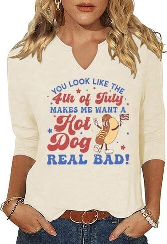 3/4 Sleeve V Neck USA Patriotic Shirts for Women 4th of July America Stars Stripes Flag Graphic Tops Cute Tee in Saudi Arabia