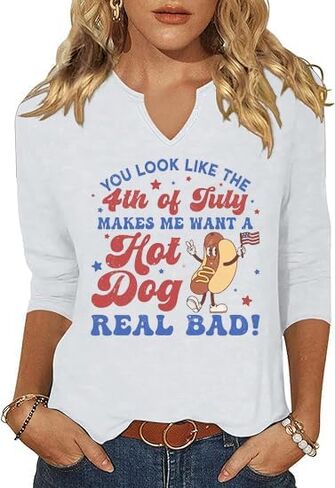 3/4 Sleeve V Neck USA Patriotic Shirts for Women 4th of July America Stars Stripes Flag Graphic Tops Cute Tee in Saudi Arabia