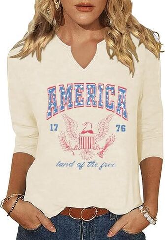 3/4 Sleeve V Neck USA Patriotic Shirts for Women 4th of July America Stars Stripes Flag Graphic Tops Cute Tee in Saudi Arabia