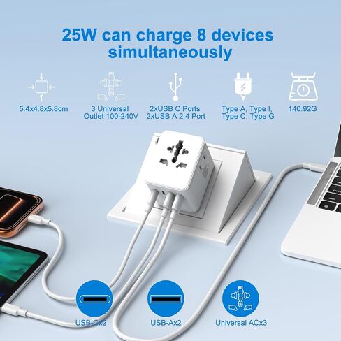 Universal Travel Adapter 25W, International Power Plug Converter with 2500W High Power Support, All-in-One AC Adapter for Europe UK US AUS, 2 USB-C + 2 USB-A Ports, Compact Travel Charger in Saudi Arabia
