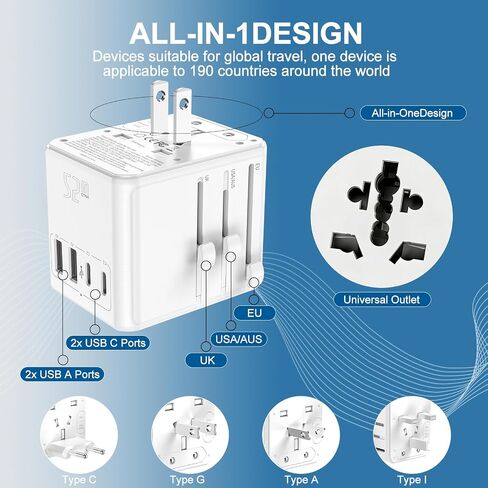 Universal Travel Adapter 25W, International Power Plug Converter with 2500W High Power Support, All-in-One AC Adapter for Europe UK US AUS, 2 USB-C + 2 USB-A Ports, Compact Travel Charger in Saudi Arabia