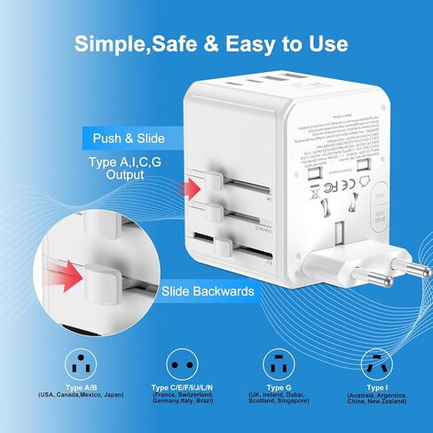 Universal Travel Adapter 25W, International Power Plug Converter with 2500W High Power Support, All-in-One AC Adapter for Europe UK US AUS, 2 USB-C + 2 USB-A Ports, Compact Travel Charger in Saudi Arabia
