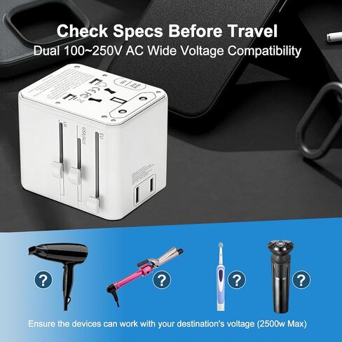 Universal Travel Adapter 25W, International Power Plug Converter with 2500W High Power Support, All-in-One AC Adapter for Europe UK US AUS, 2 USB-C + 2 USB-A Ports, Compact Travel Charger in Saudi Arabia