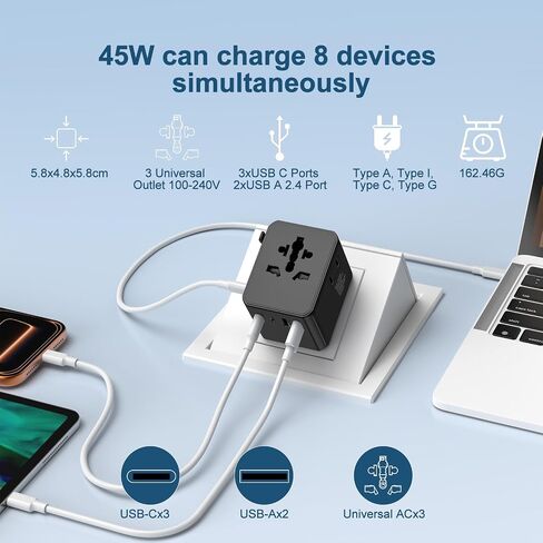 Universal Travel Adapter, International Power Plug Converter with 45W PD Charger, 2500W Support, All-in-One AC Adapter Travel Essentials for Europe EU UK US AUS, Type C Port in Saudi Arabia