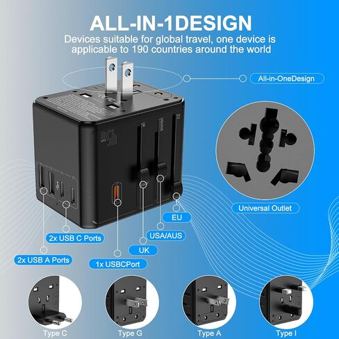 Universal Travel Adapter, International Power Plug Converter with 45W PD Charger, 2500W Support, All-in-One AC Adapter Travel Essentials for Europe EU UK US AUS, Type C Port in Saudi Arabia