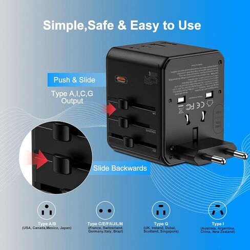 Universal Travel Adapter, International Power Plug Converter with 45W PD Charger, 2500W Support, All-in-One AC Adapter Travel Essentials for Europe EU UK US AUS, Type C Port in Saudi Arabia