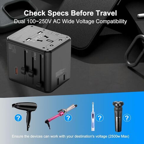 Universal Travel Adapter, International Power Plug Converter with 45W PD Charger, 2500W Support, All-in-One AC Adapter Travel Essentials for Europe EU UK US AUS, Type C Port in Saudi Arabia