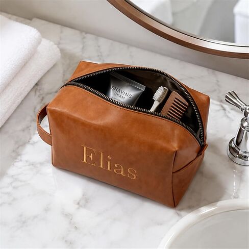Personalized Leather Toiletry Bag for Men, Custom Embroidered Waterproof Travel Pouch for Toiletries and Accessories, Personalized Gift for Dad, Husband, Boyfriend, Grandpa, or Son in Kuwait