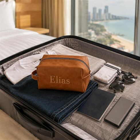 Personalized Leather Toiletry Bag for Men, Custom Embroidered Waterproof Travel Pouch for Toiletries and Accessories, Personalized Gift for Dad, Husband, Boyfriend, Grandpa, or Son in Kuwait