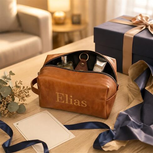 Personalized Leather Toiletry Bag for Men, Custom Embroidered Waterproof Travel Pouch for Toiletries and Accessories, Personalized Gift for Dad, Husband, Boyfriend, Grandpa, or Son in Kuwait