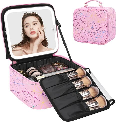 Relavel Makeup Bag with LED Mirror, Small Travel Makeup Case with Rechargeable Lighted Mirror 3 Color Lights, Double Layer Cosmetic Box Makeup Brush Lipstick Holder Organizer for Women, Pink in Saudi Arabia