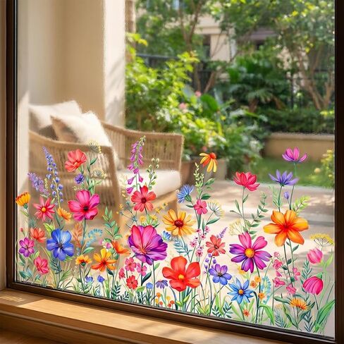 Wildflower Window Clings, Double Sided Flower Window Sticker Floral Windows Clings Wildflower Windows Film Wildflowers Grass Decals for Home Office Door Mirror Decor in Kuwait