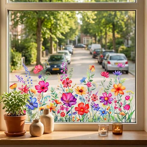 Wildflower Window Clings, Double Sided Flower Window Sticker Floral Windows Clings Wildflower Windows Film Wildflowers Grass Decals for Home Office Door Mirror Decor in Kuwait